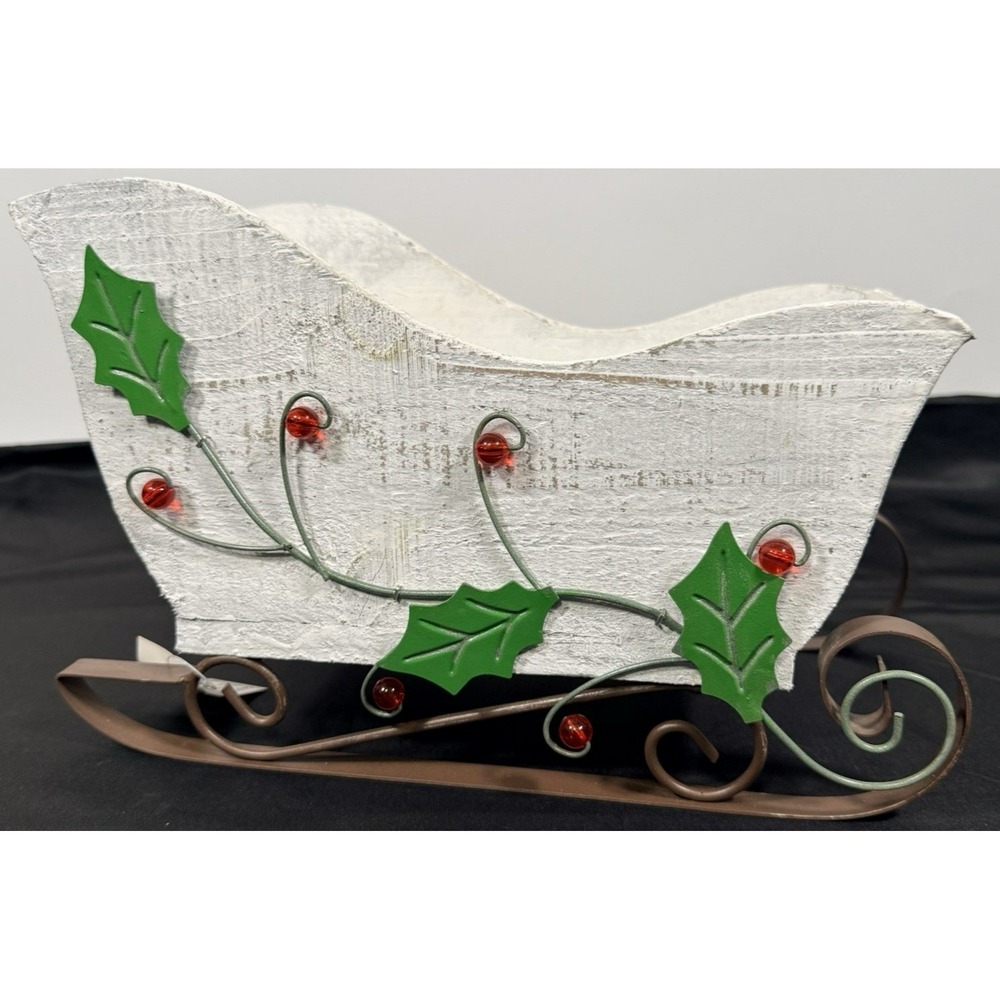 Christmas Decorative Sleigh White Rustic Wood Holly Berry